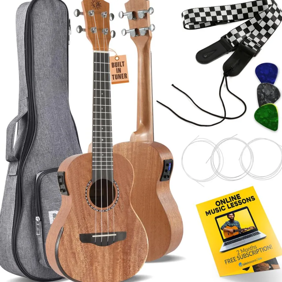 23" Acoustic Electric Ukulele, Solid Mahogany, Beveled Armrest, Natural Finish