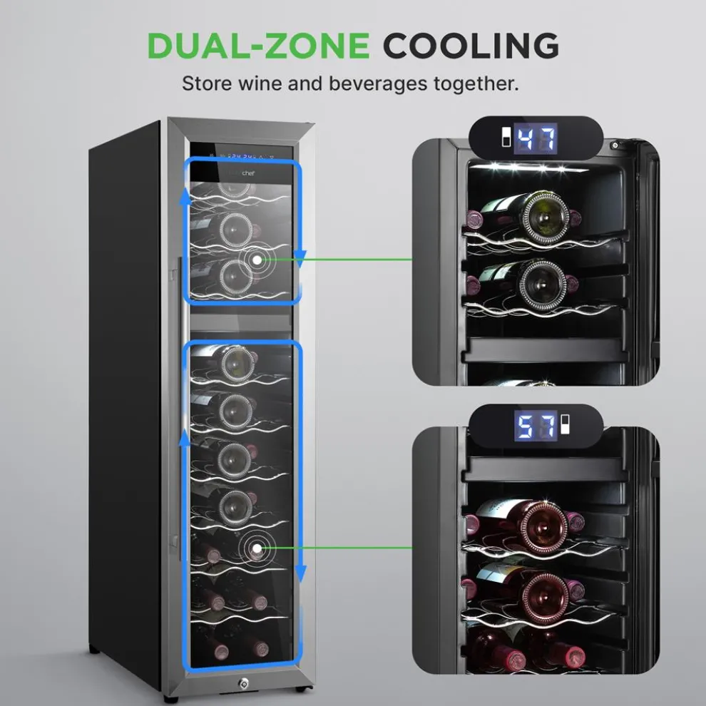 27 Bottle Wine Cooler, Dual Zone, Adjustable Temp, Stainless Steel Door