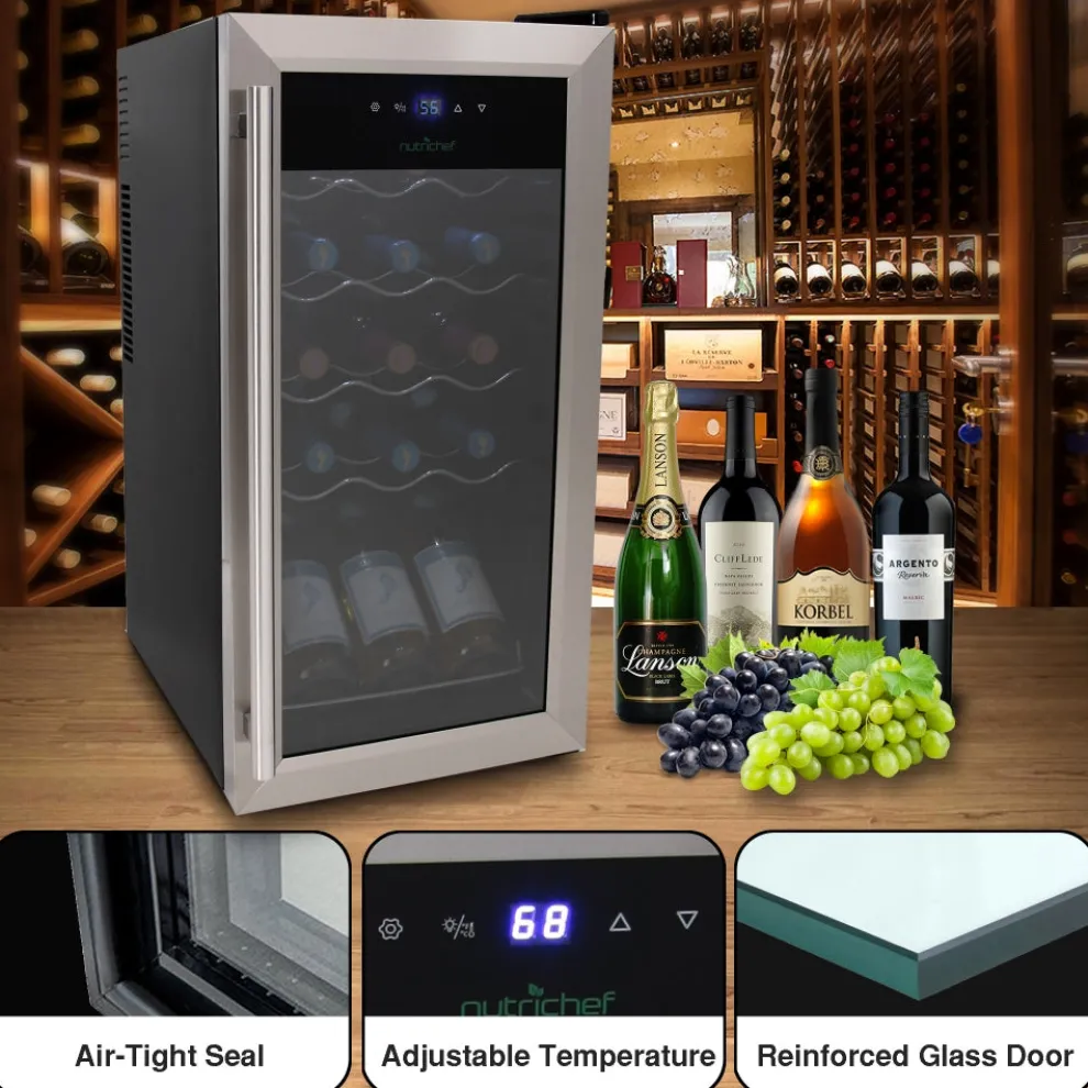 15 Bottle Wine Fridge, Adjustable Temp, Stainless Steel Door, Quiet Operation