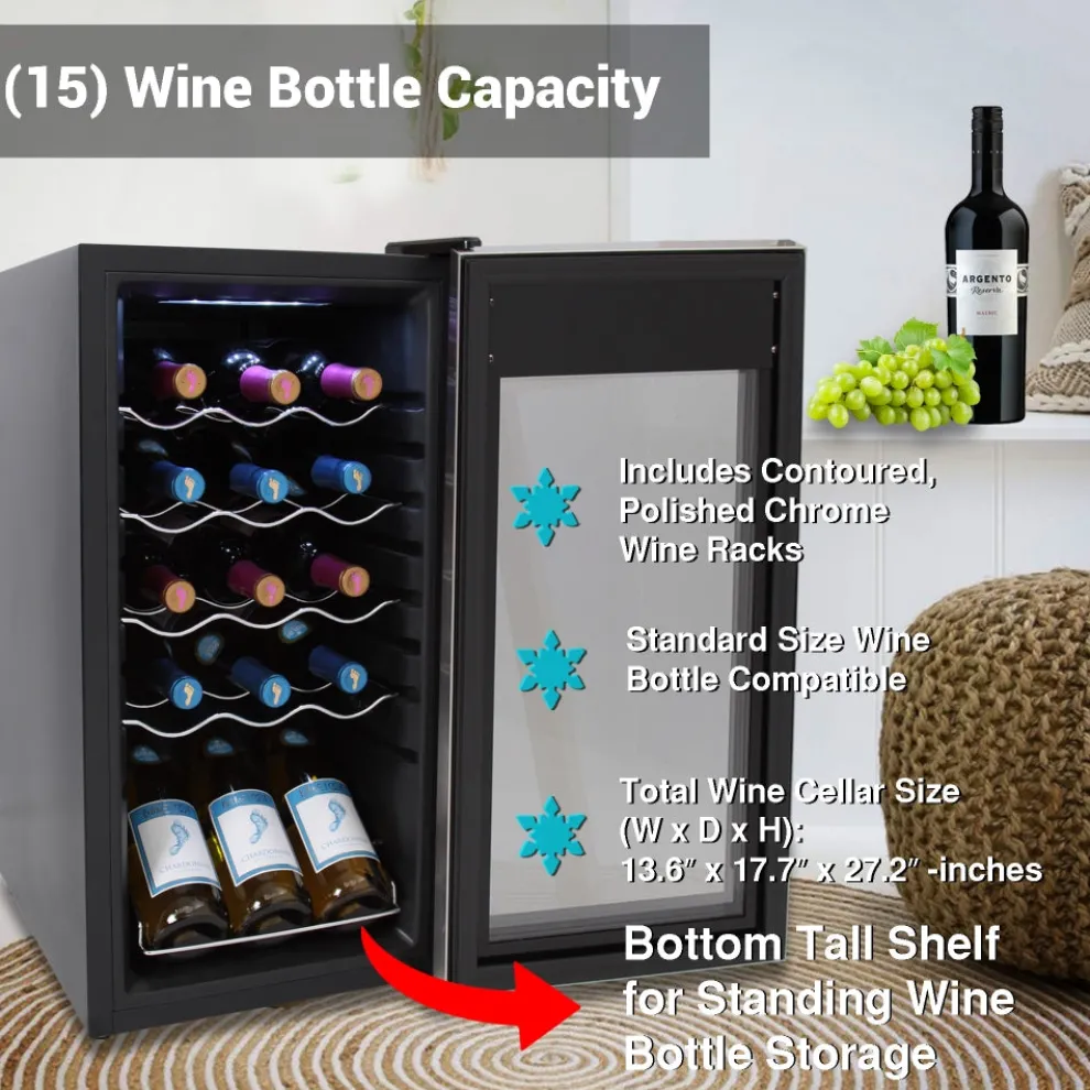 15 Bottle Wine Fridge, Adjustable Temp, Stainless Steel Door, Quiet Operation
