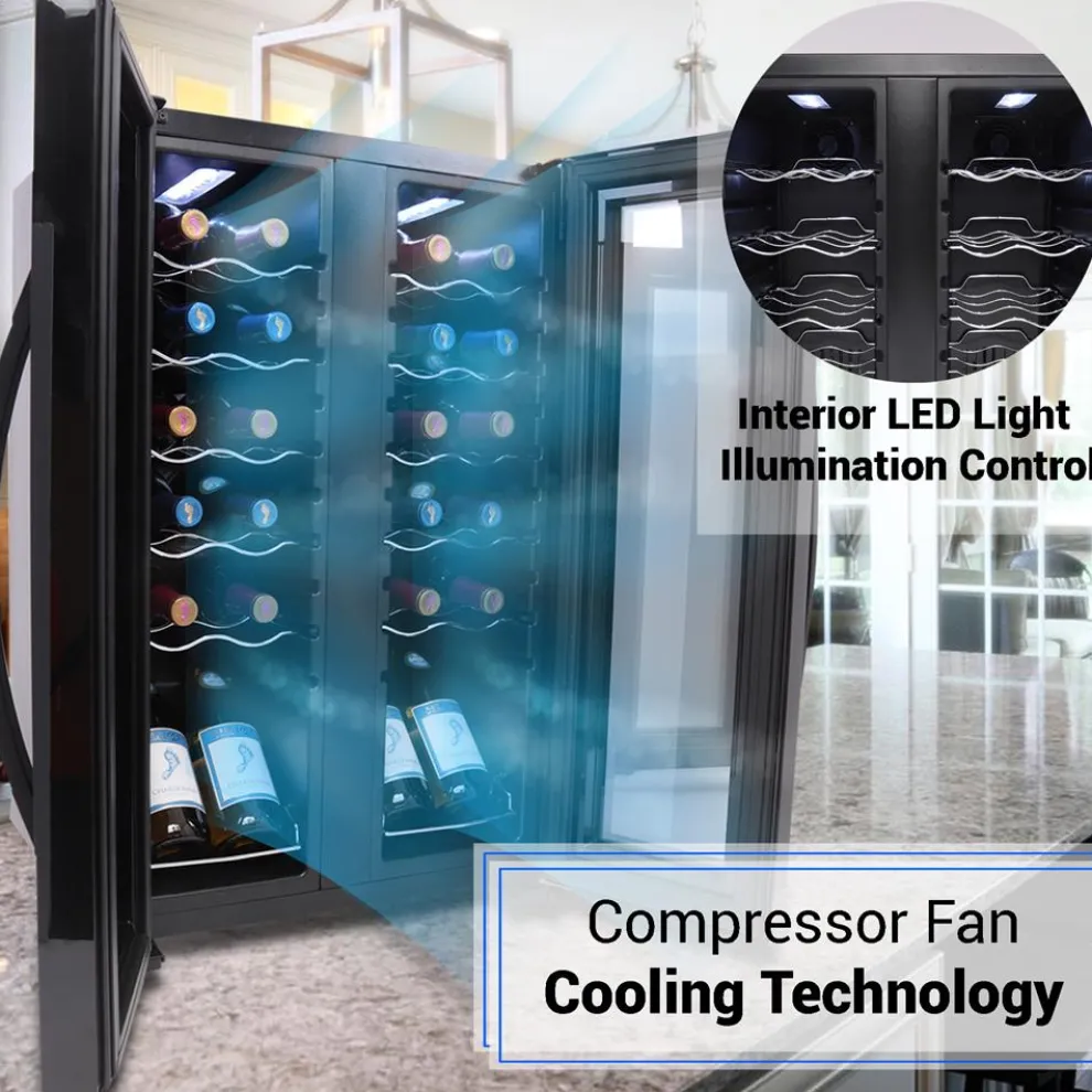 24 Bottle Wine Fridge, Dual Zone, Adjustable Temp, Glass Door, Quiet Operation