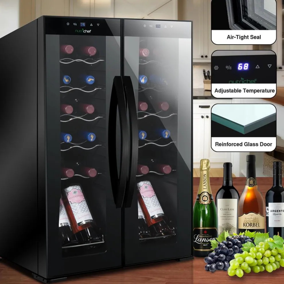 24 Bottle Wine Fridge, Dual Zone, Adjustable Temp, Glass Door, Quiet Operation