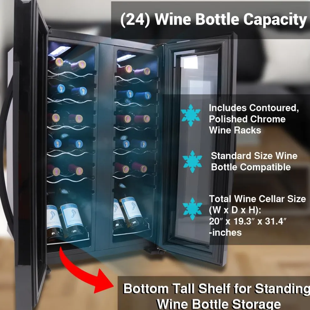 24 Bottle Wine Fridge, Dual Zone, Adjustable Temp, Glass Door, Quiet Operation