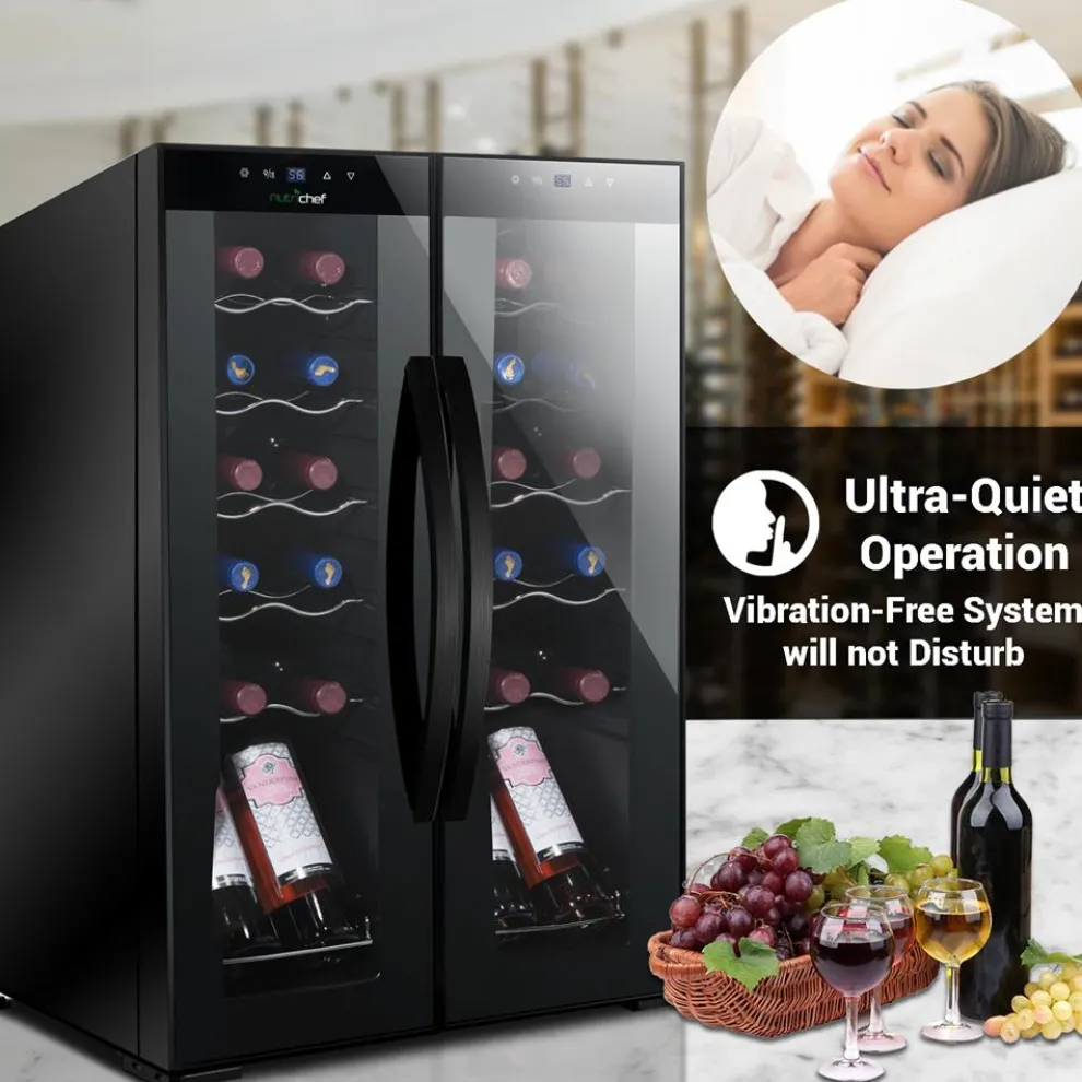 24 Bottle Wine Fridge, Dual Zone, Adjustable Temp, Glass Door, Quiet Operation