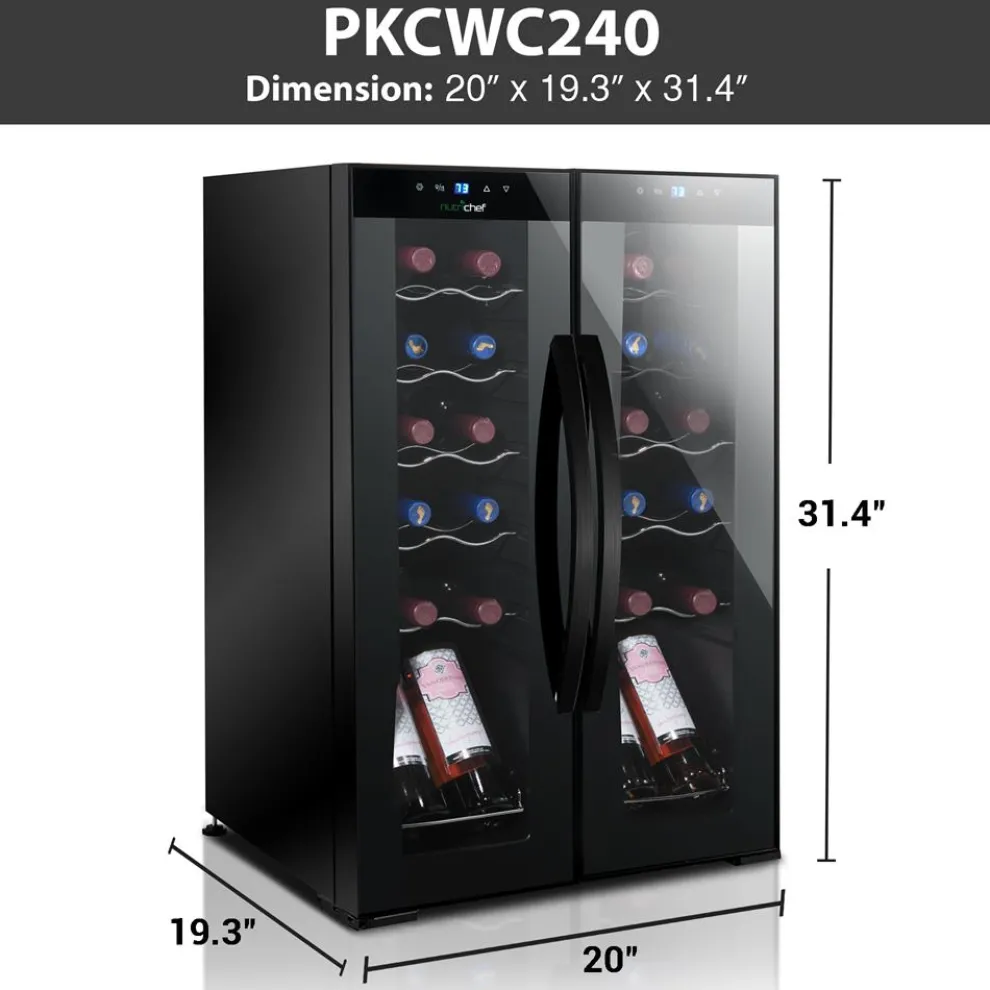 24 Bottle Wine Fridge, Dual Zone, Adjustable Temp, Glass Door, Quiet Operation