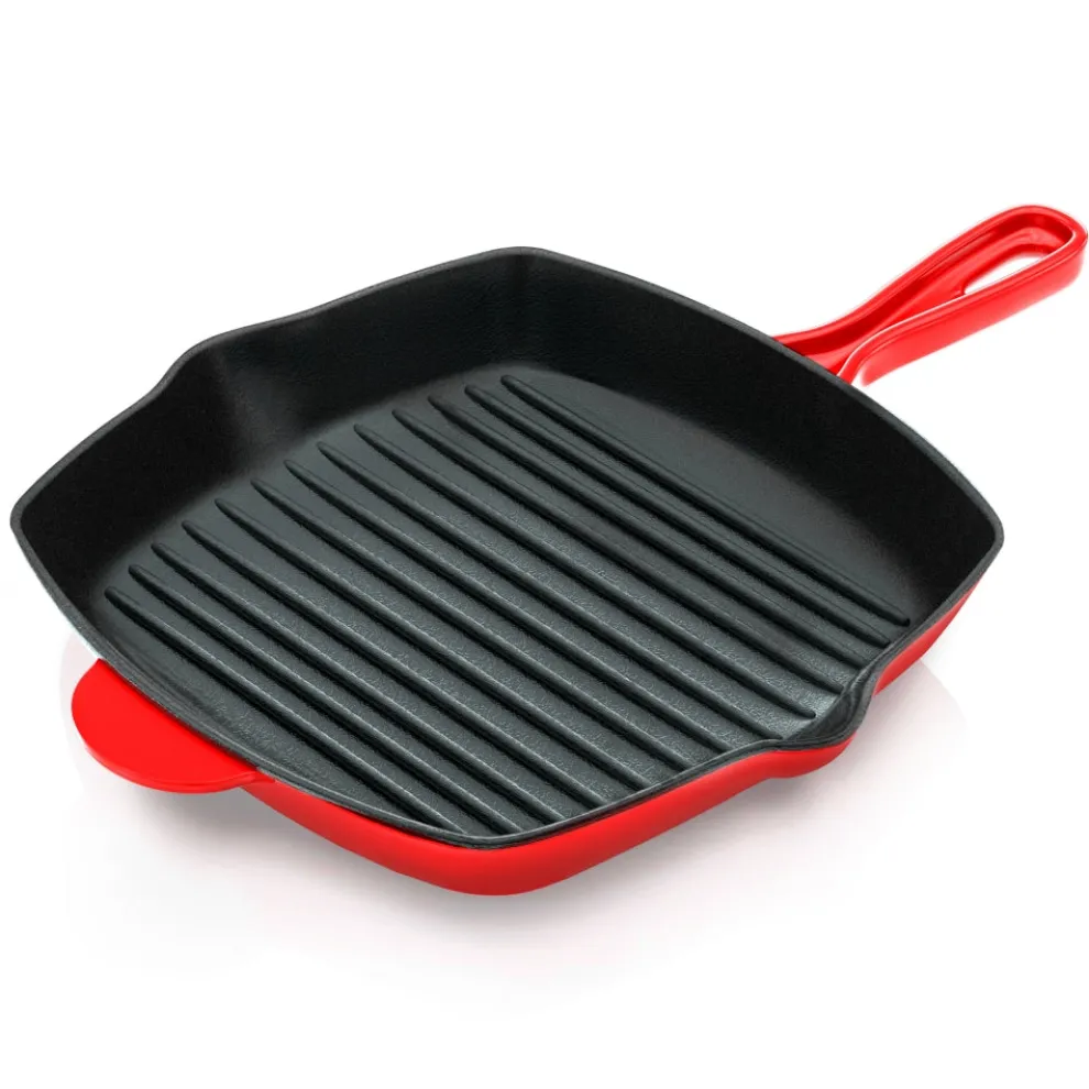 11" Cast Iron Grill Pan, Perfect Grill Marks, Porcelain Enamel Coating