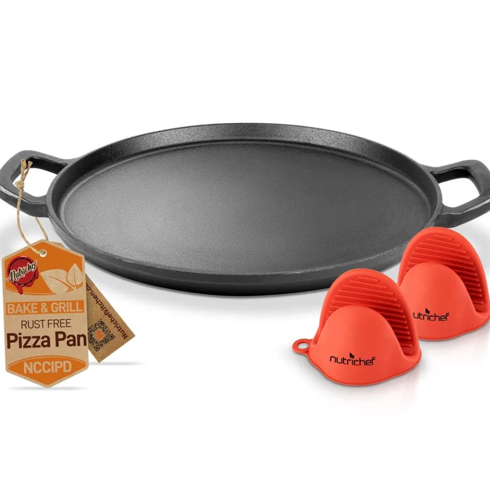 13" Cast Iron Pizza Pan - Versatile Pre-Seasoned Griddle w/ Handles
