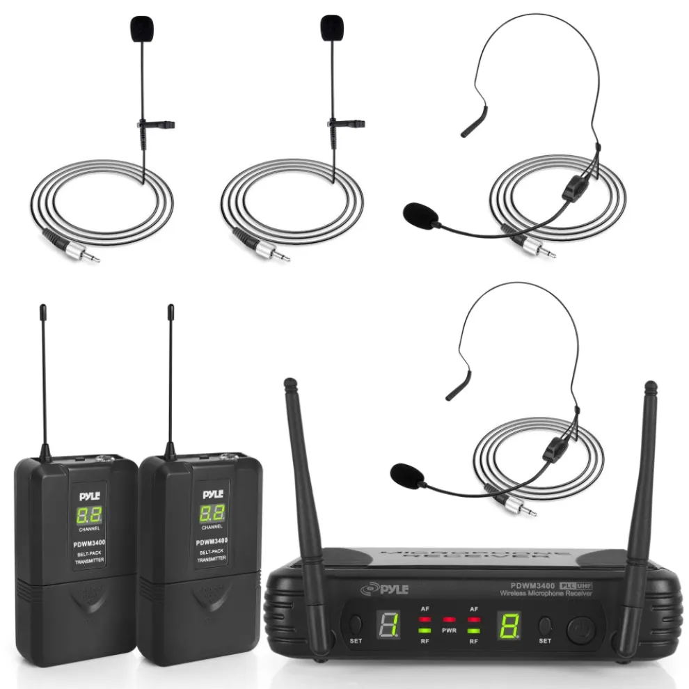 2 Channel Wireless Mic System - Portable UHF, 160' Range, 2 Headsets, 2 Lavalier