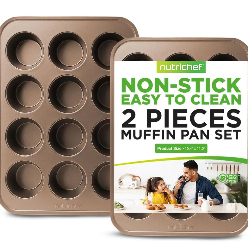 12 Cup Nonstick Muffin Pans, Easy Release Carbon Steel, Gold