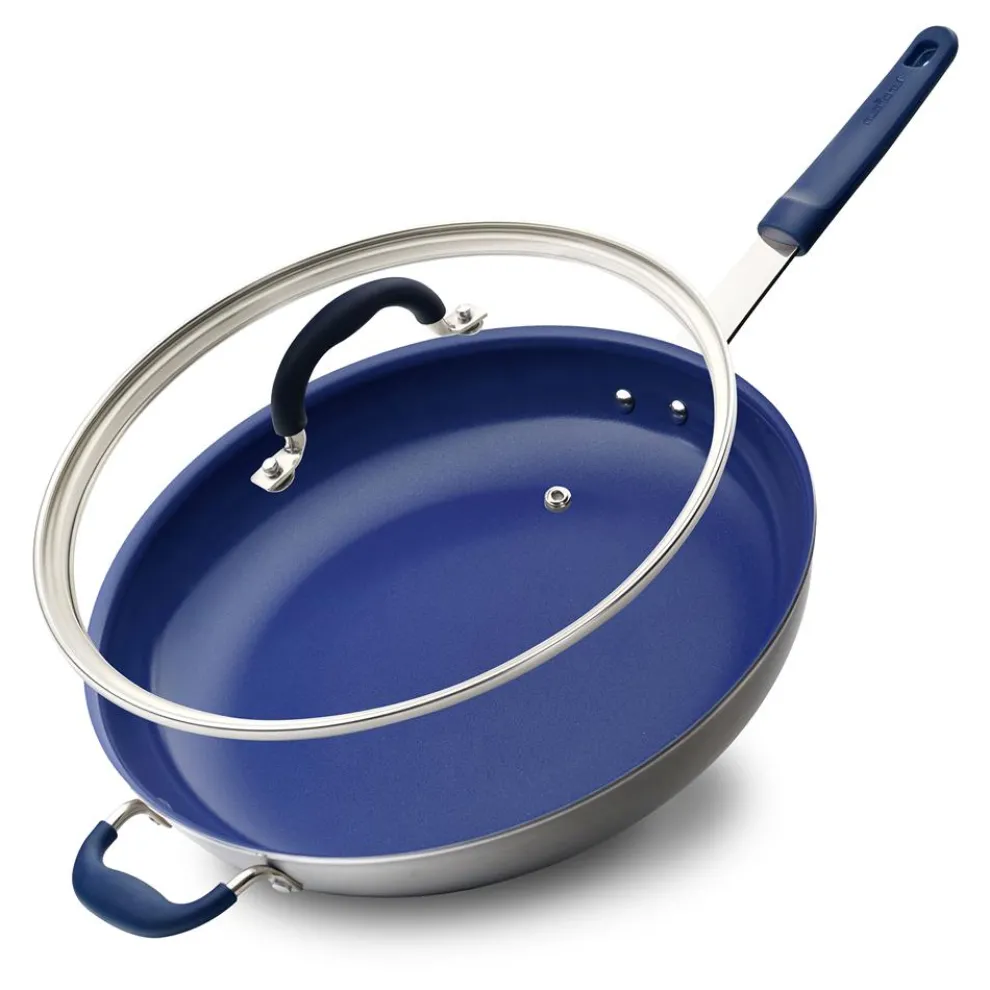 14" Nonstick Fry Pan with Lid - Easy Clean Ceramic, Blue Silicone Handle