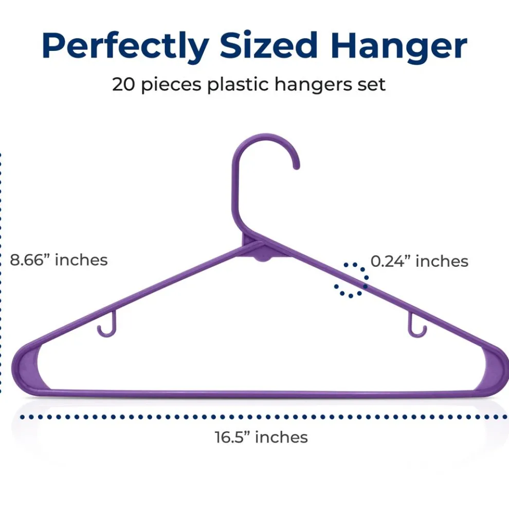 20 Pack Non-Slip Plastic Hangers, Space-Saving, 360° Swivel Hook, Purple