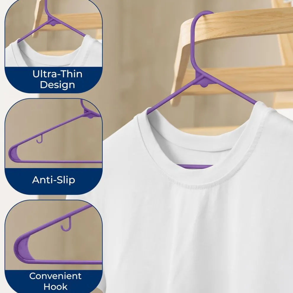 20 Pack Non-Slip Plastic Hangers, Space-Saving, 360° Swivel Hook, Purple