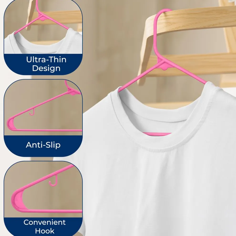 10 Pack Non-Slip Plastic Hangers, Space-Saving, 360° Swivel Hook, Pink