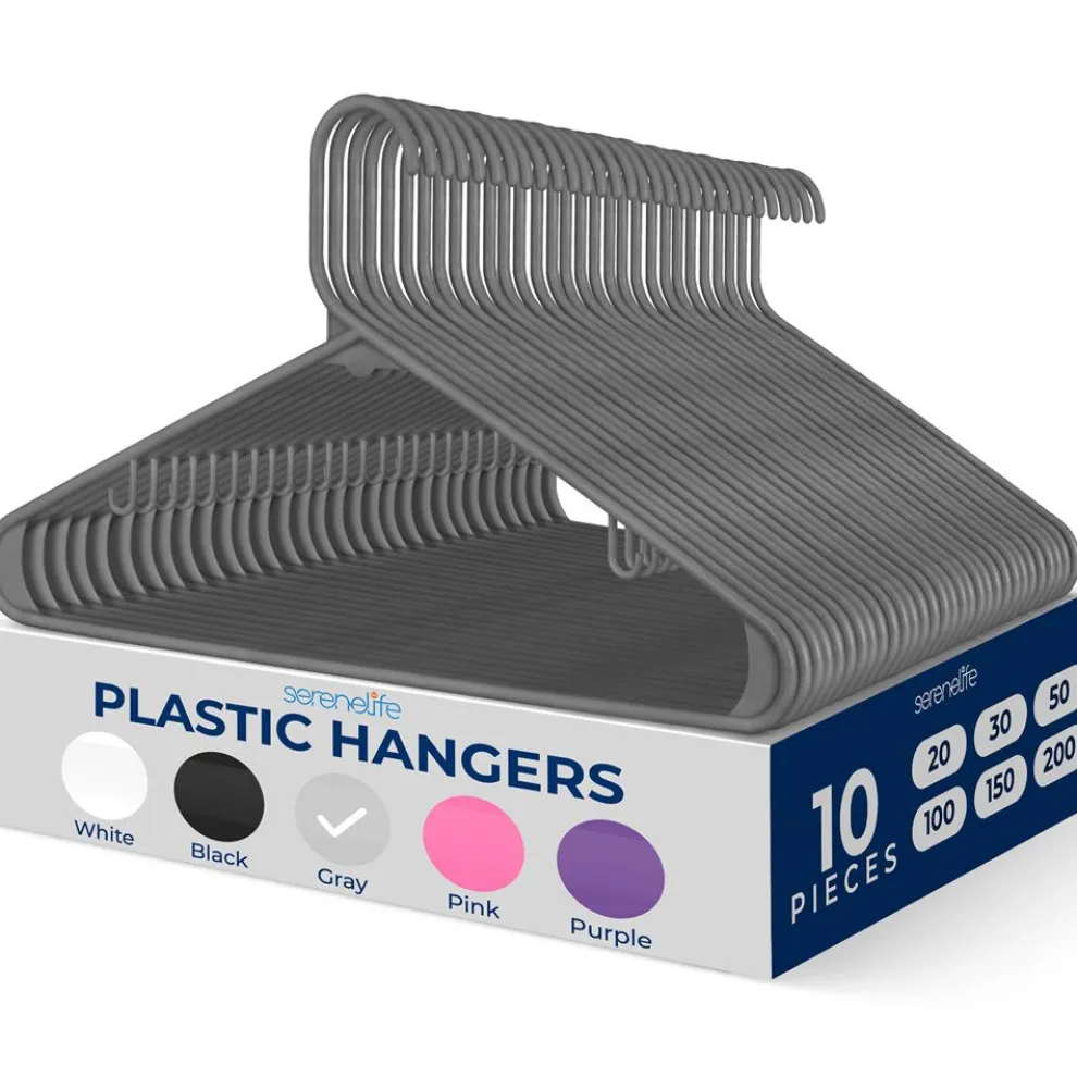 10 Pack Plastic Hangers, Space-Saving, Non-Slip, 360¬∞ Swivel Hook, Gray