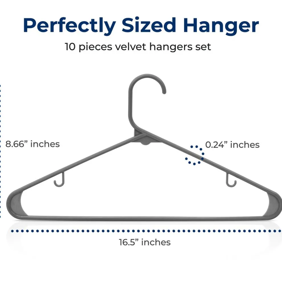 10 Pack Plastic Hangers, Space-Saving, Non-Slip, 360° Swivel Hook, Gray