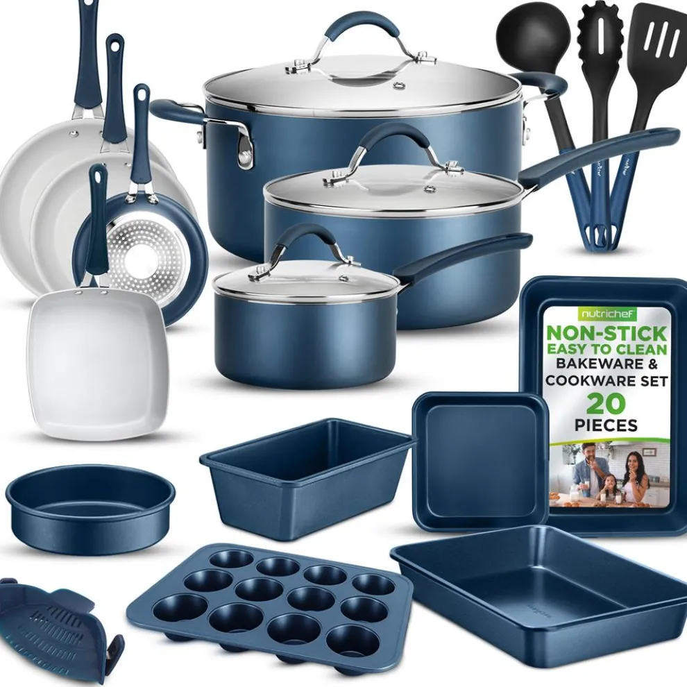 20 Pc Kitchen Set - Even Cooking Non-Stick Coating, Navy Blue