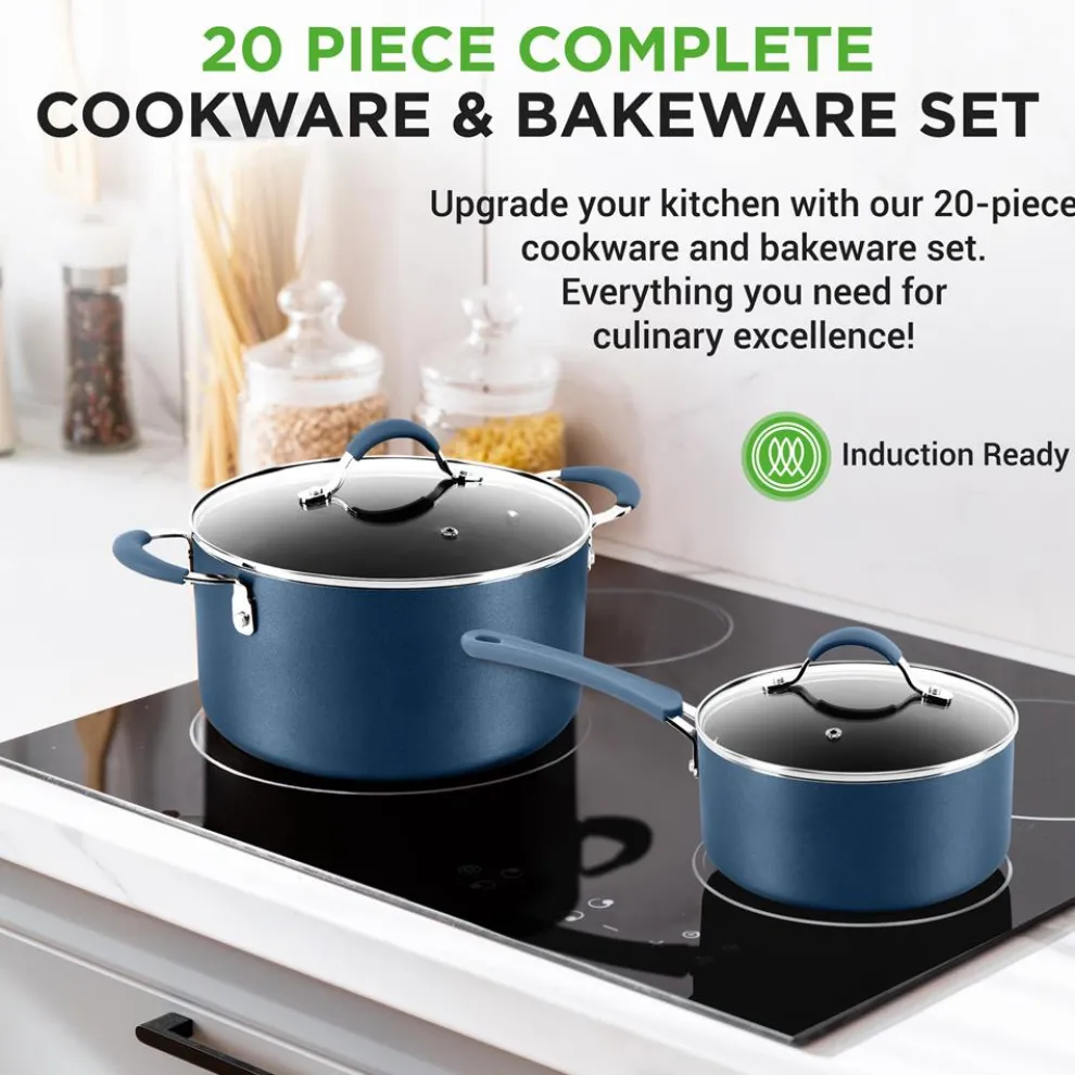 20 Pc Kitchen Set - Even Cooking Non-Stick Coating, Navy Blue