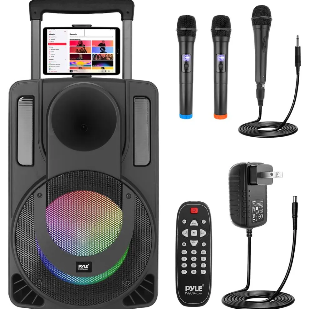 10" Portable PA Speaker - Karaoke System, Bluetooth, LED Lights, 2 Mics