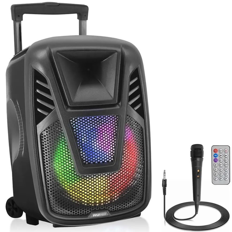 15" Portable Speaker - Wireless Streaming, LED, Wheels, Rechargeable Battery