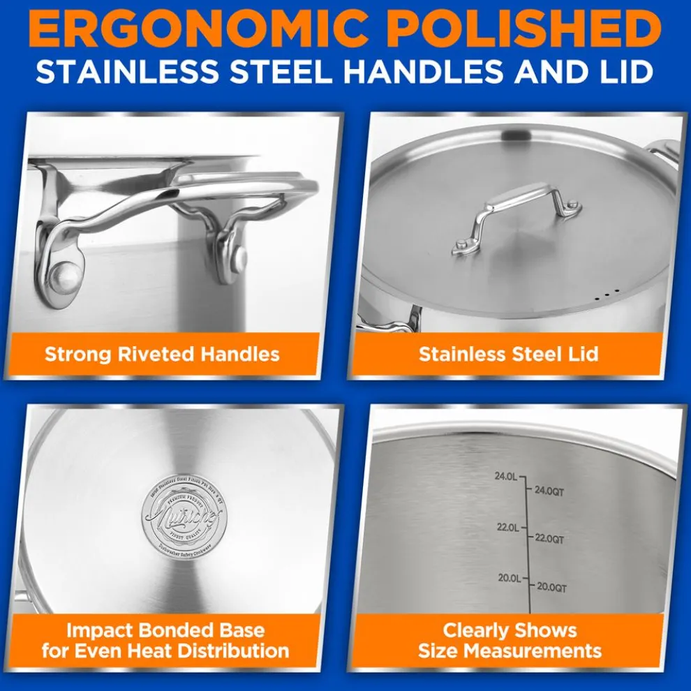 24 Qt Stainless Steel Stockpot, Even Heat, Induction Compatible
