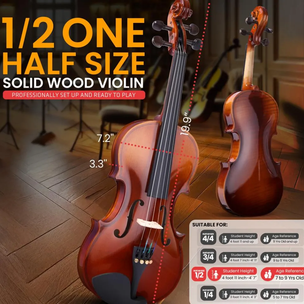 1/2 Size Violin Starter Kit, Ready to Play, Wood Grain, Includes Case & Bow