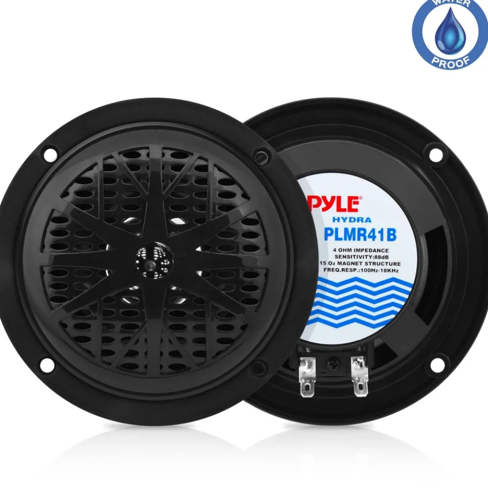 4" Waterproof Marine Speakers, Dual Cone, Polypropylene, Black, 1 Pair