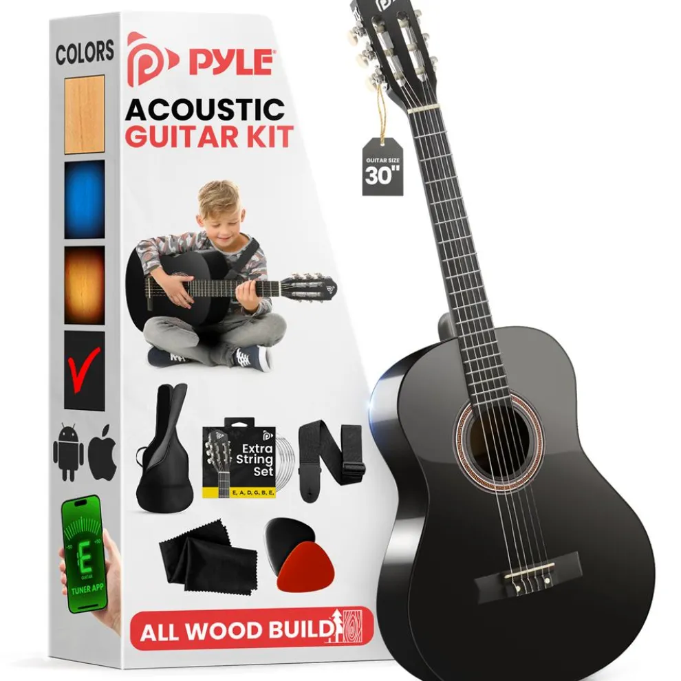 Acoustic Guitar Kit, Perfect for Beginners, 30" Wood, Black Matte