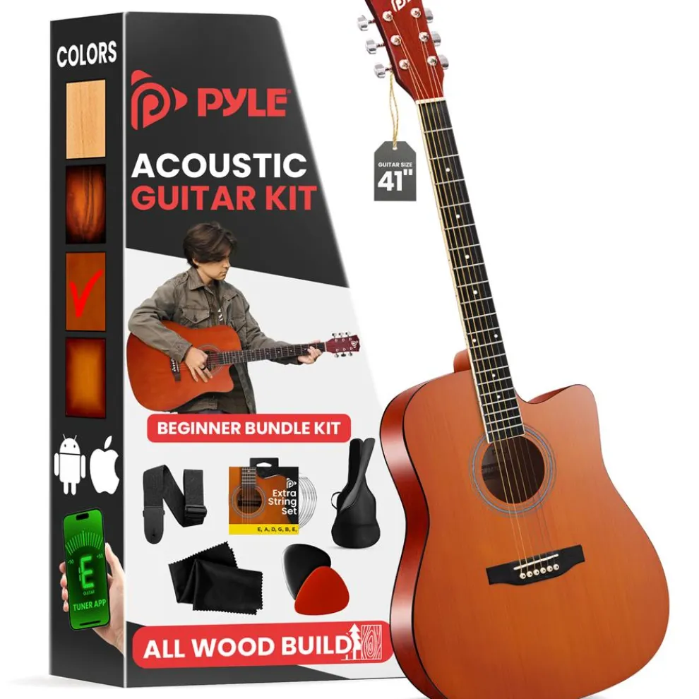 Acoustic Guitar Kit, Easy Play, Cutaway Design, 41" Brown Glossy
