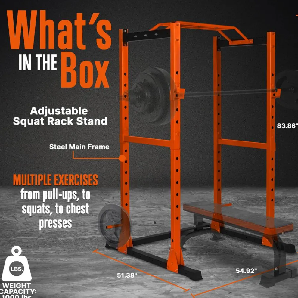 Adjustable Squat Rack Stand, 1000lb Capacity, Heavy Duty Steel, Rust Resistant