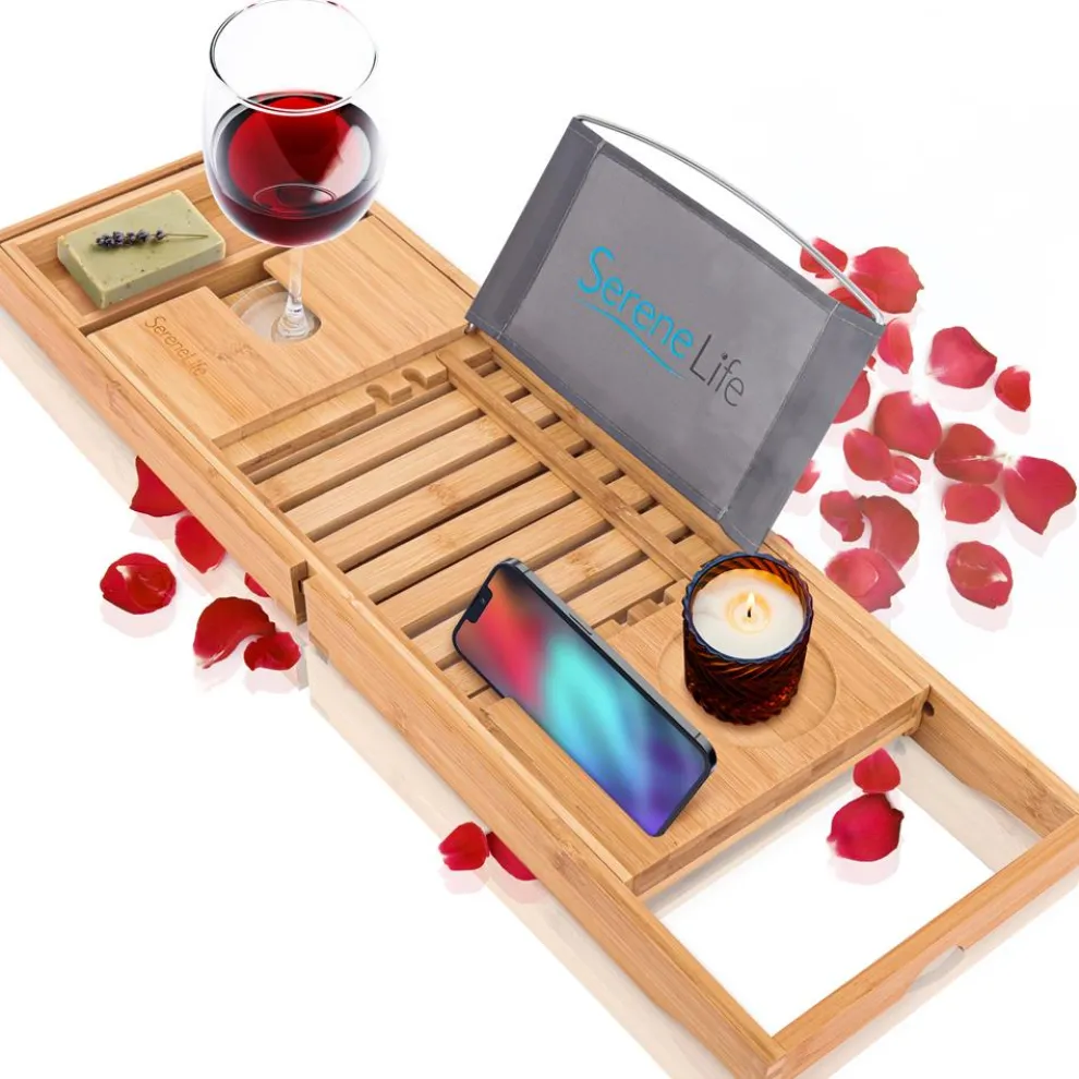 Bamboo Bathtub Caddy Tray - Relaxation Organizer, Adjustable, Natural Wood