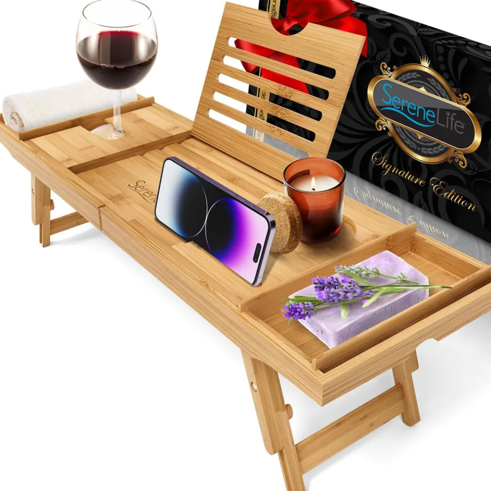 Bath Caddy Tray Comfort Bamboo Waterproof Adjustable Dark Brown