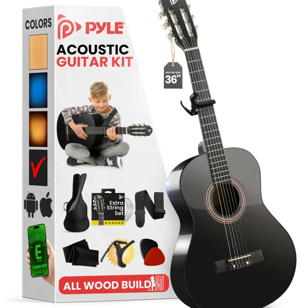 Beginner Acoustic Guitar Kit, Warm Sound, Nylon Strings, 36" Gloss Black