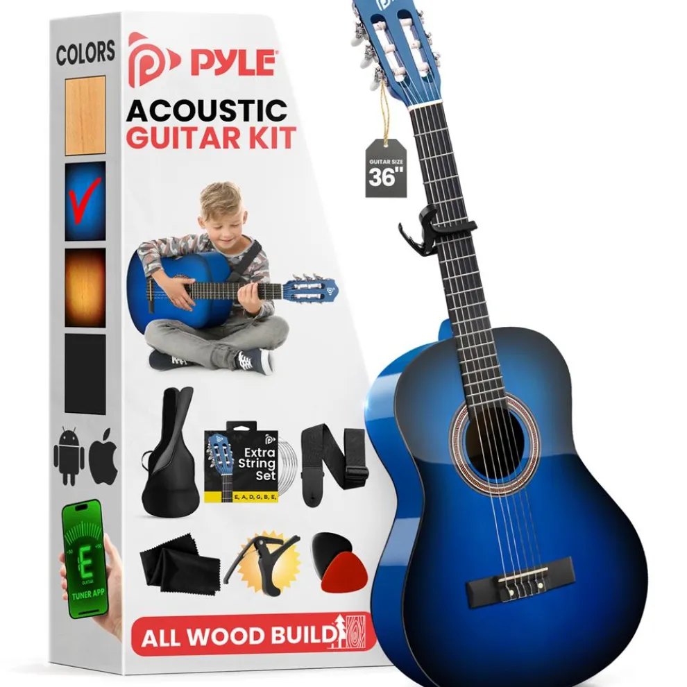 Beginner Acoustic Guitar Kit, Warm Sound, Nylon Strings, Blue Gloss, 36"