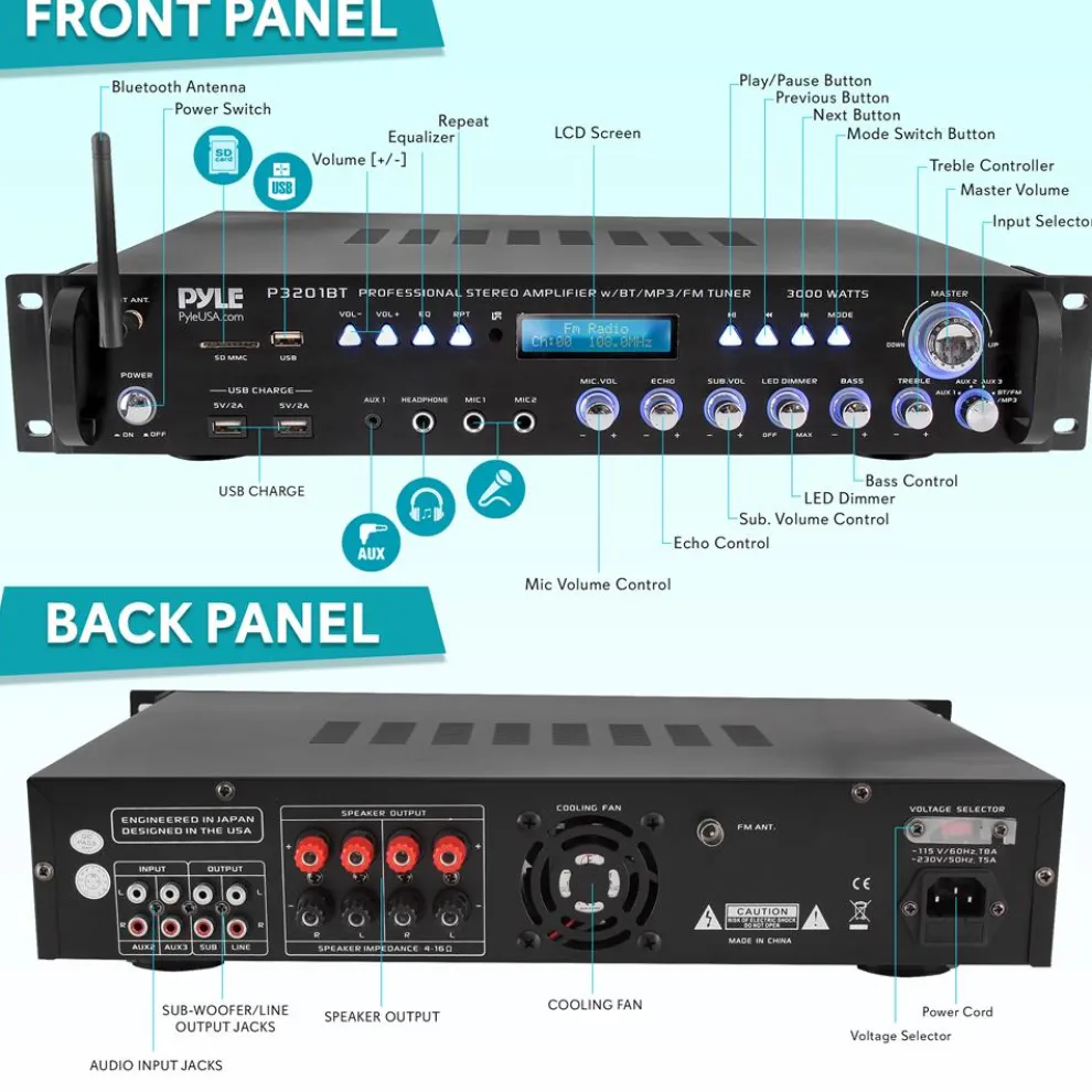 Bluetooth Amplifier Receiver 3000W Wireless Streaming Multi-Channel Audio