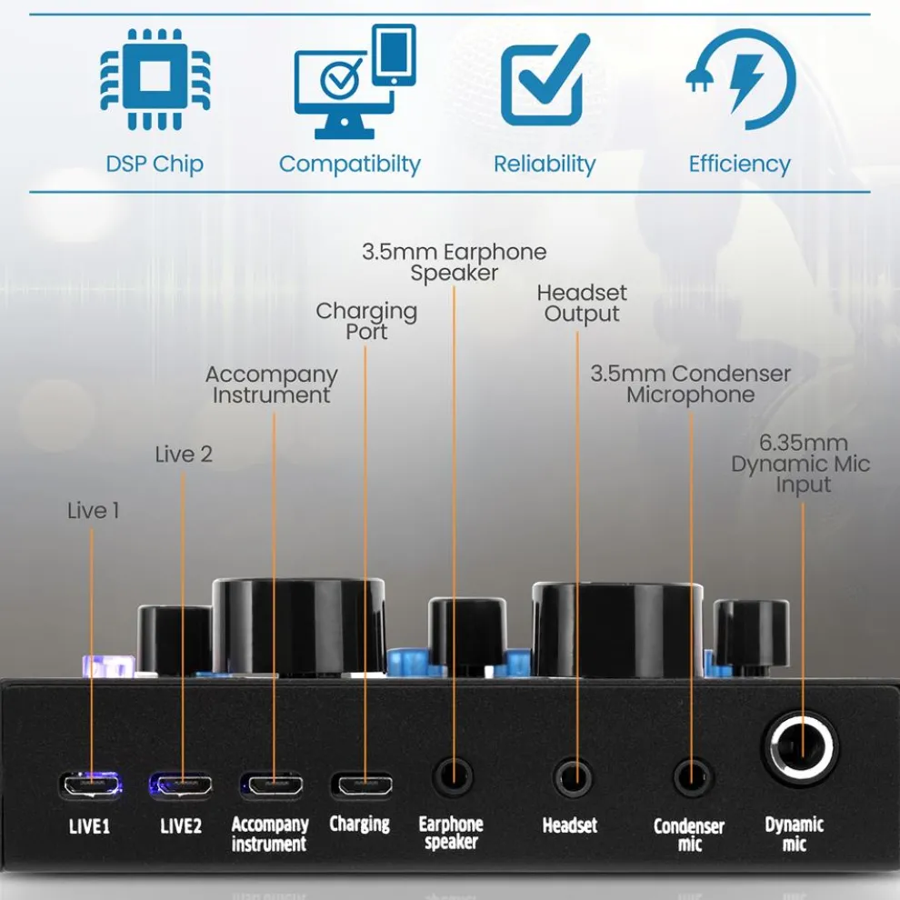 Bluetooth Audio Mixer Sound Card - Wireless Streaming, 12 Effects, Metal