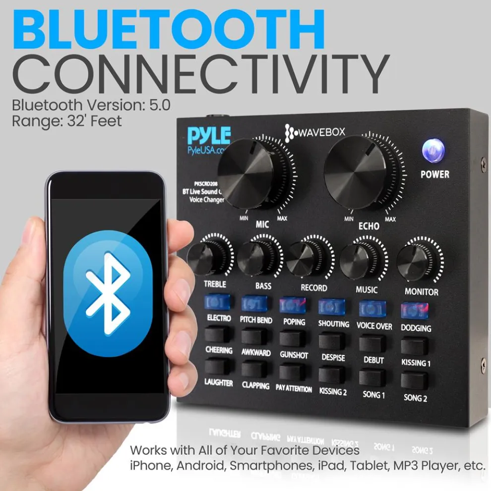 Bluetooth Audio Mixer Sound Card - Wireless Streaming, 12 Effects, Metal