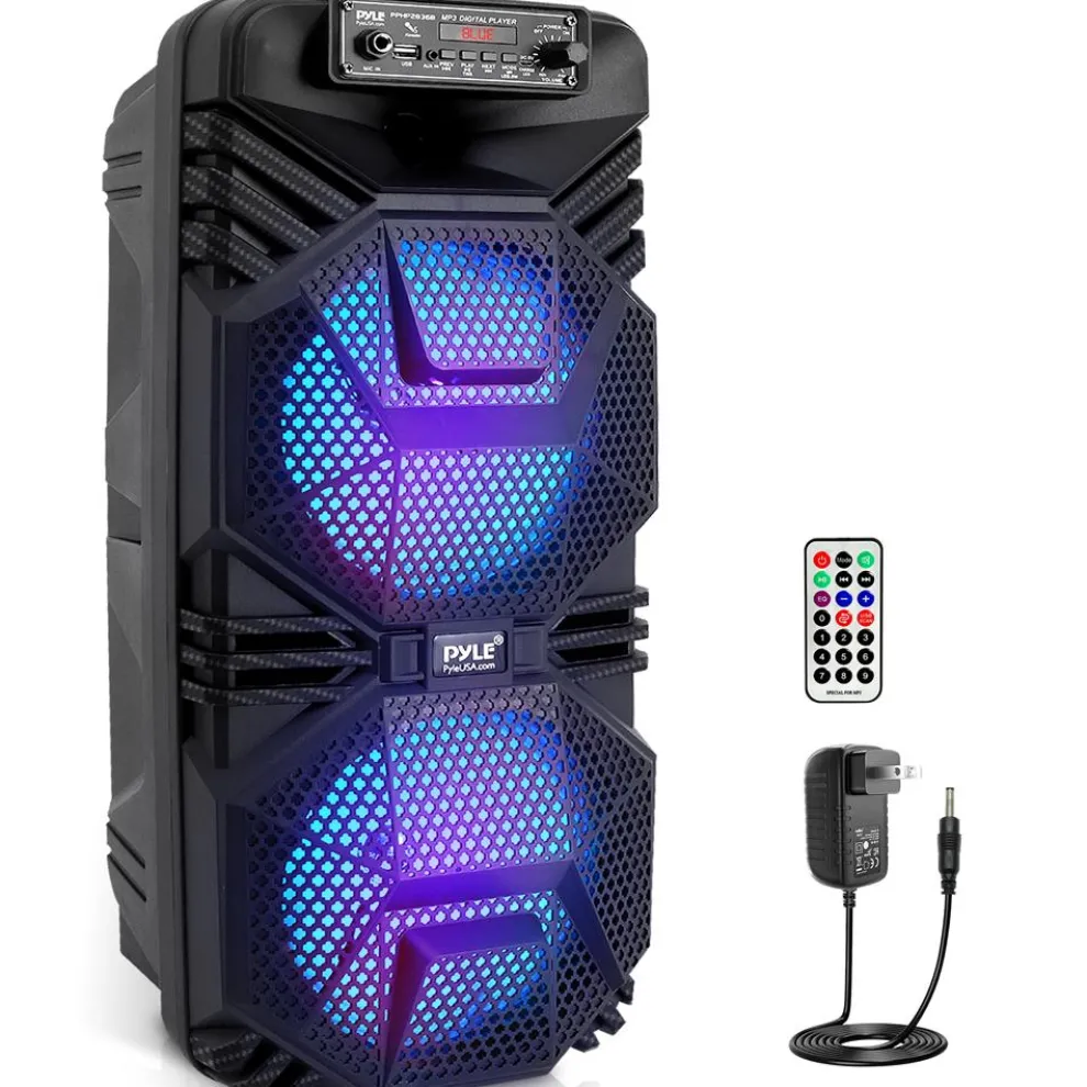 Bluetooth PA Speaker 600W Rechargeable Dual 8" Subwoofers Party Lights