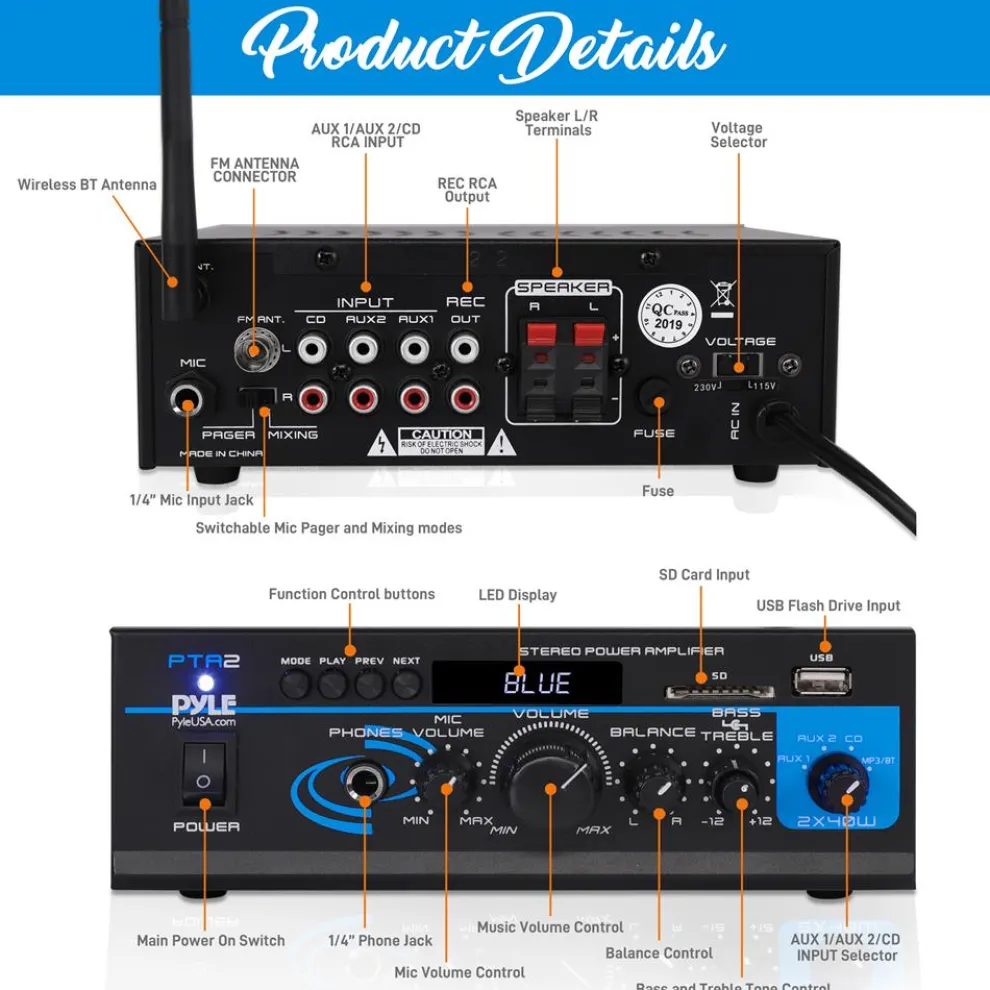 Bluetooth Stereo Amplifier 2x40W USB/SD/FM/AUX Inputs, Remote Control