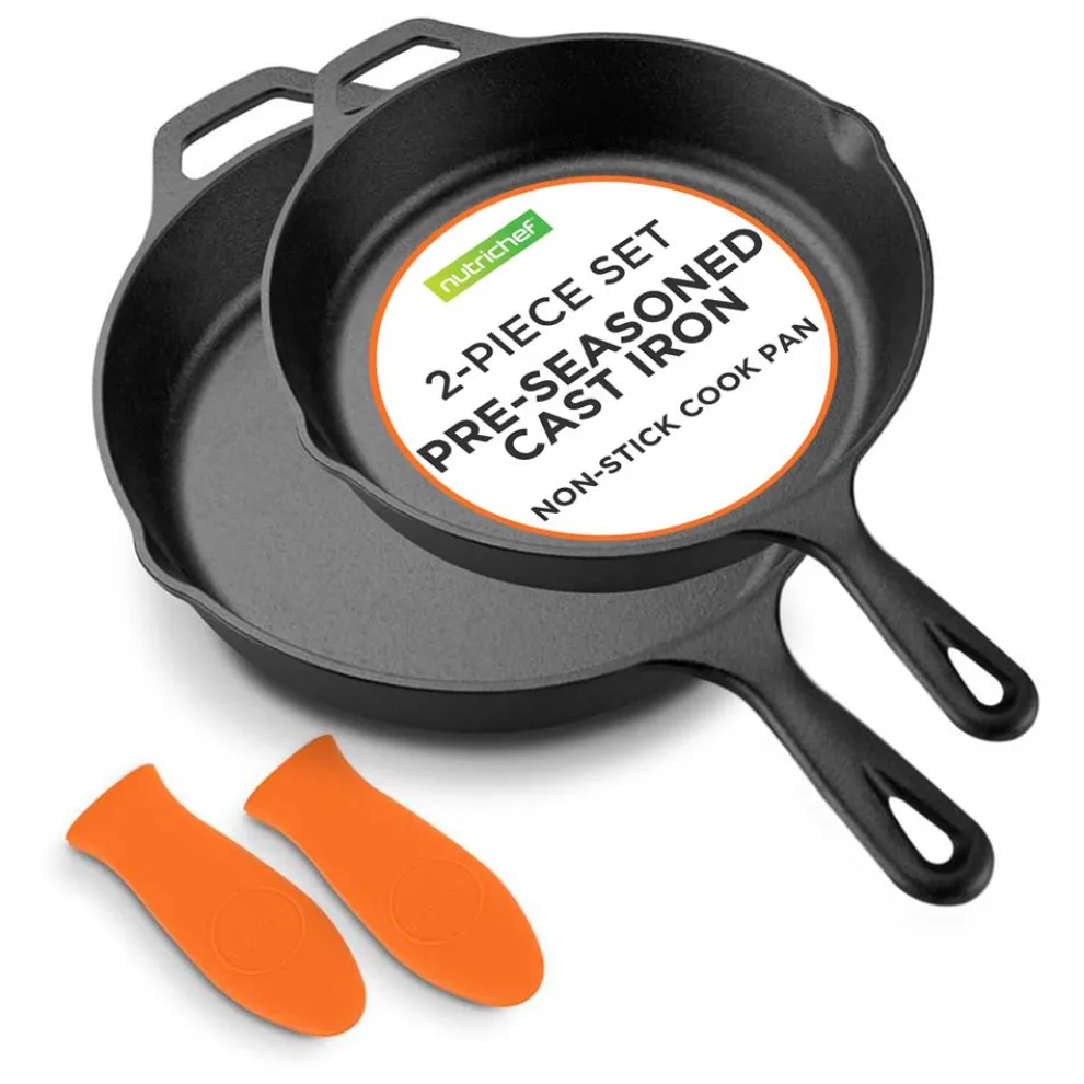 Cast Iron Skillet Set, Nonstick, Pre-Seasoned, Silicone Handles, Orange