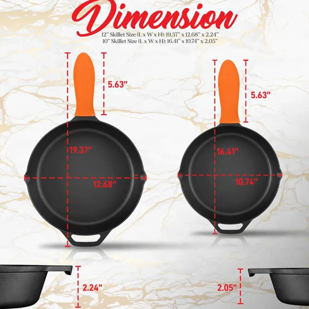 Cast Iron Skillet Set, Nonstick, Pre-Seasoned, Silicone Handles, Orange