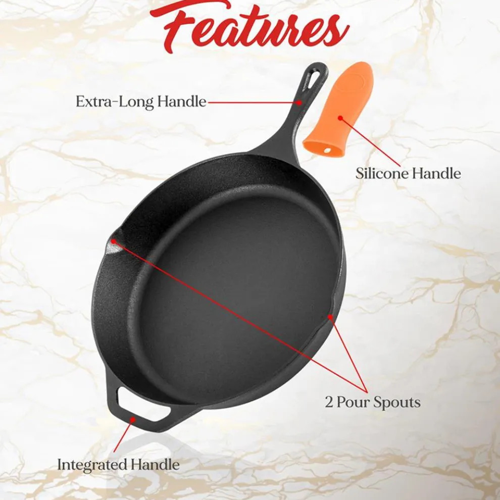 Cast Iron Skillet Set, Nonstick, Pre-Seasoned, Silicone Handles, Orange