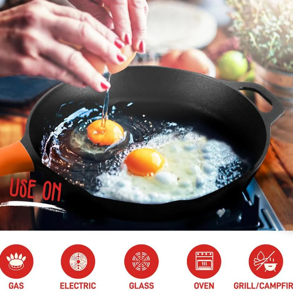 Cast Iron Skillet Set, Nonstick, Pre-Seasoned, Silicone Handles, Orange