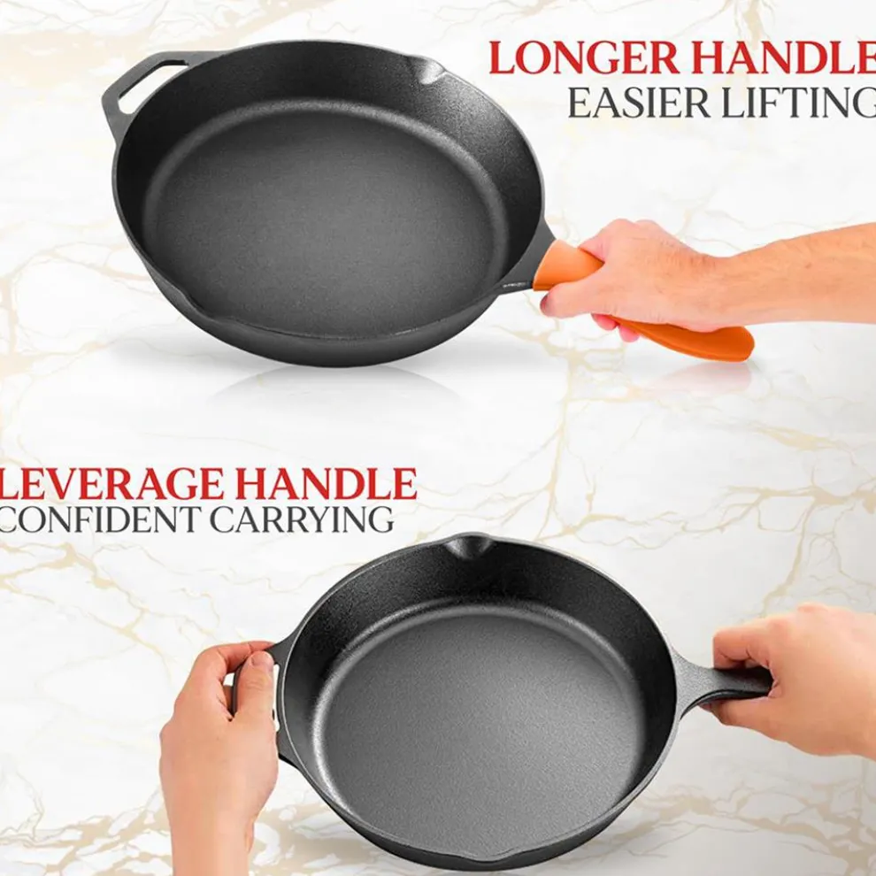 Cast Iron Skillet Set, Nonstick, Pre-Seasoned, Silicone Handles, Orange