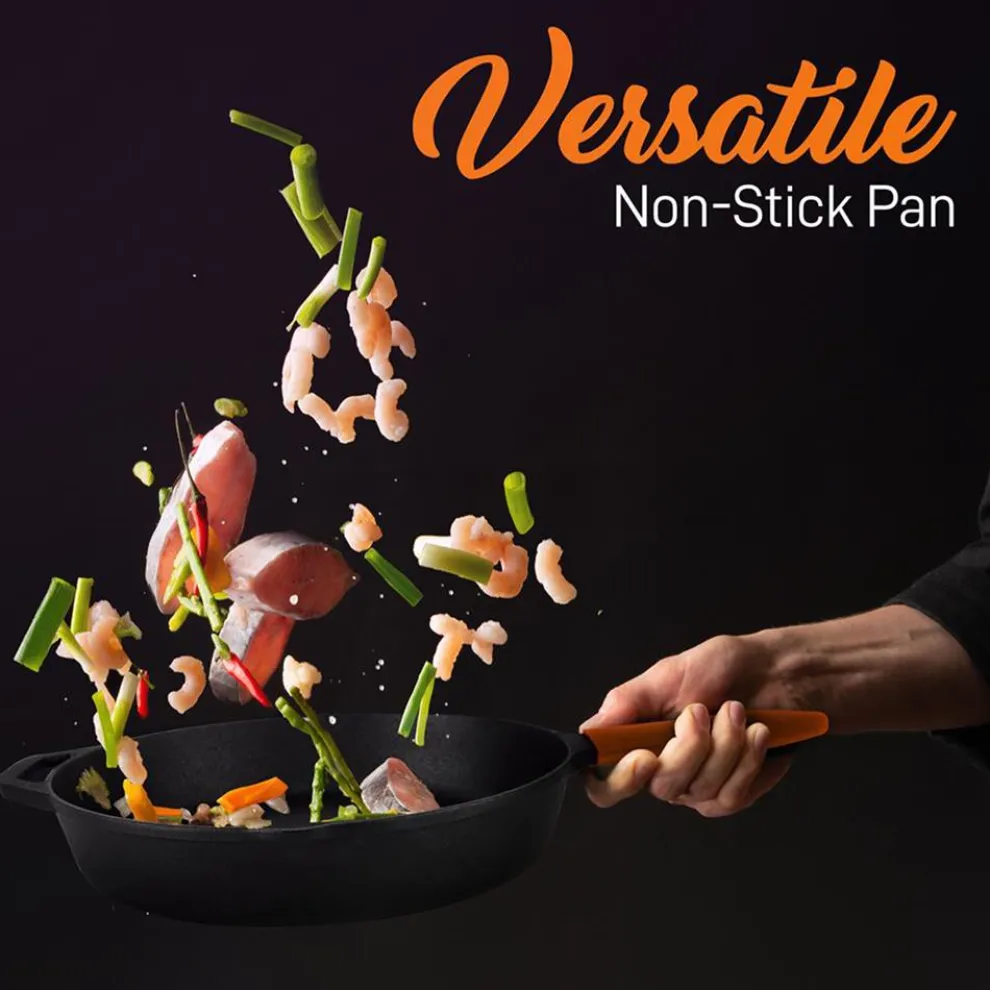 Cast Iron Skillet Set, Nonstick, Pre-Seasoned, Silicone Handles, Orange