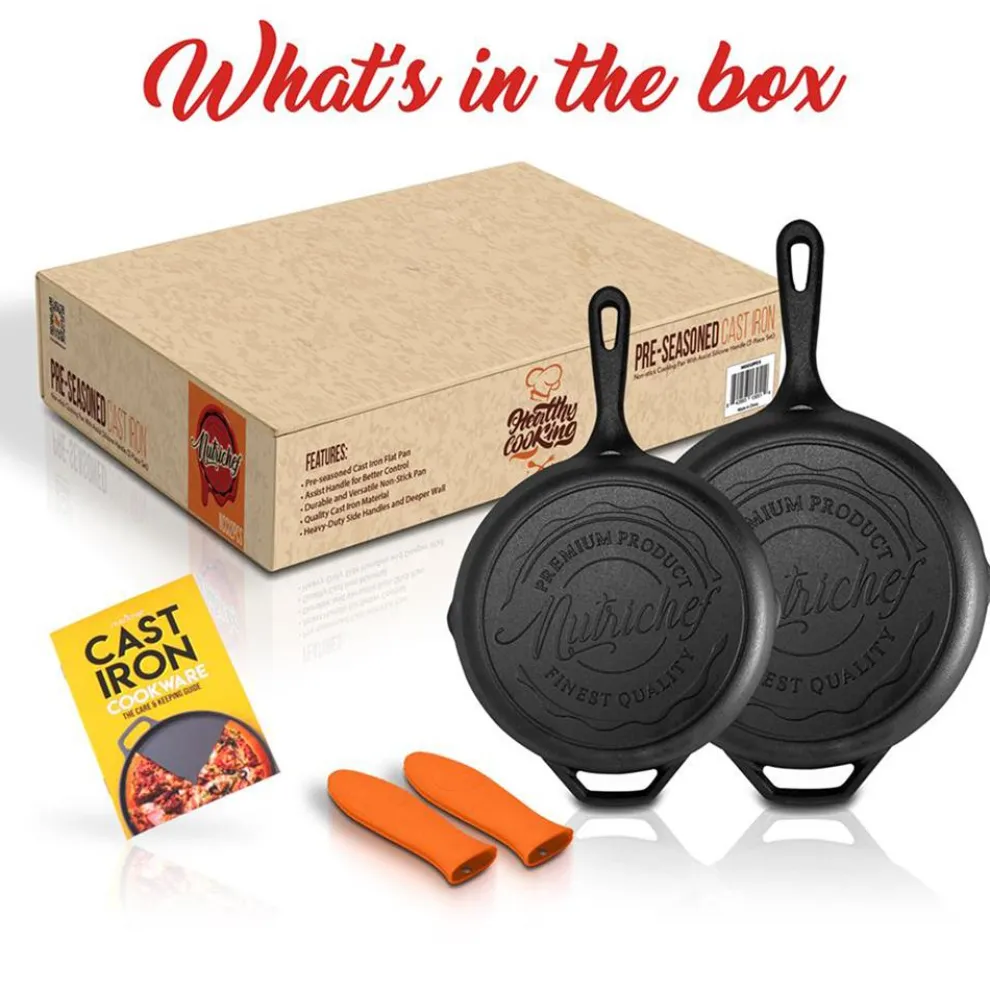 Cast Iron Skillet Set, Nonstick, Pre-Seasoned, Silicone Handles, Orange