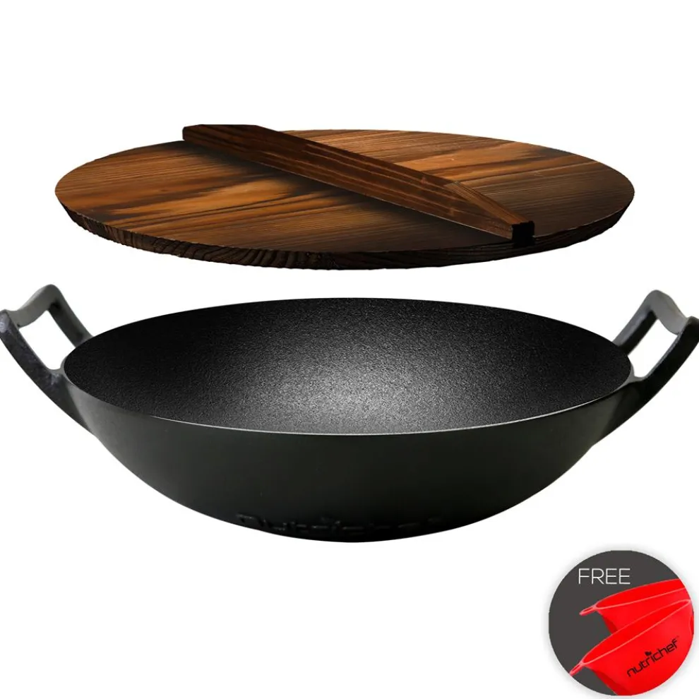Cast Iron Wok 5.8 Qt Even Heat Pre-Seasoned with Wooden Lid