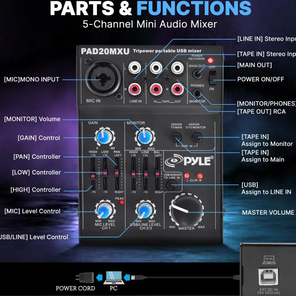 5-Channel Audio Mixer - Low Noise USB Interface - 18V Phantom Power