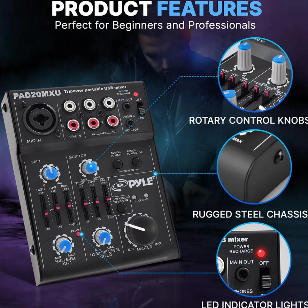 5-Channel Audio Mixer - Low Noise USB Interface - 18V Phantom Power