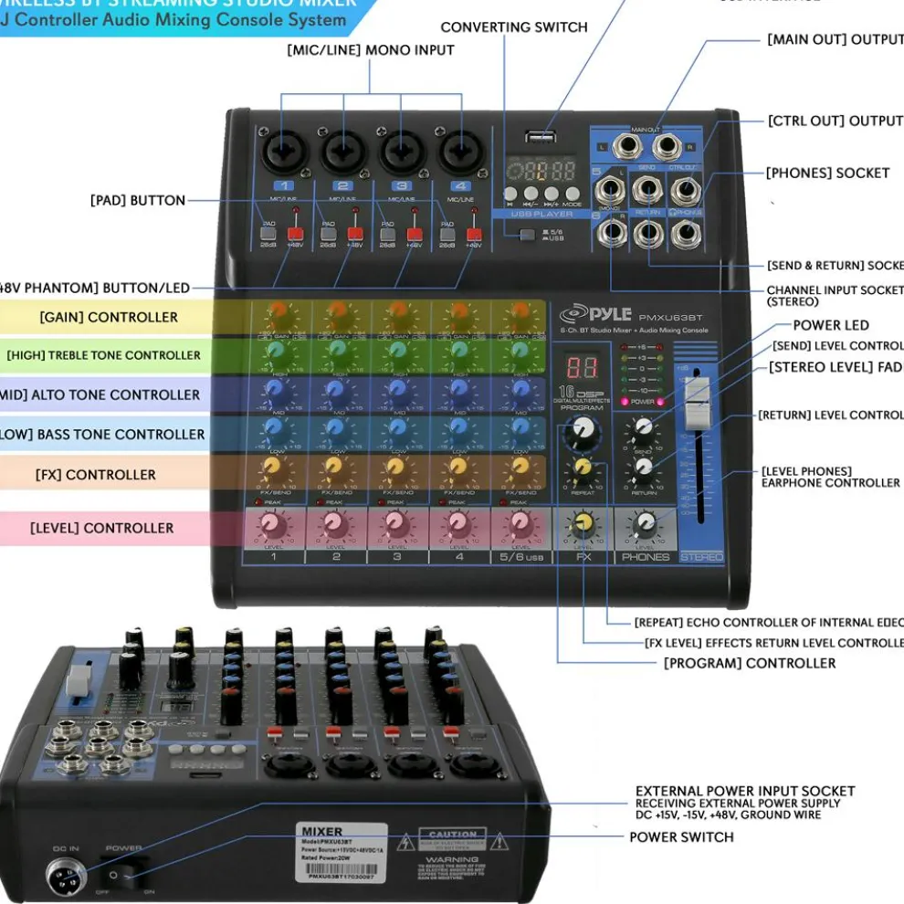 6-Channel Audio Mixer - Bluetooth Streaming - 48V Phantom Power
