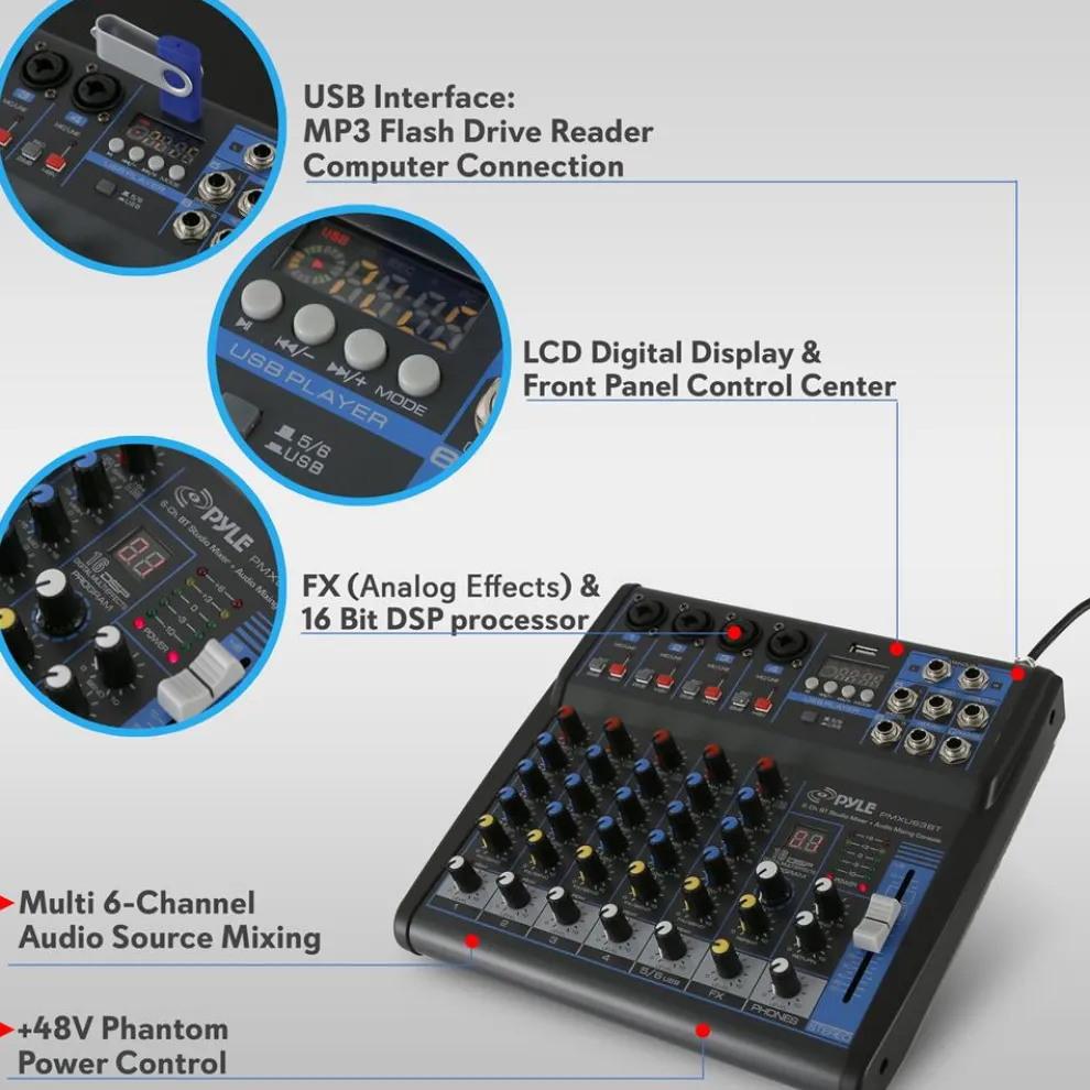 6-Channel Audio Mixer - Bluetooth Streaming - 48V Phantom Power